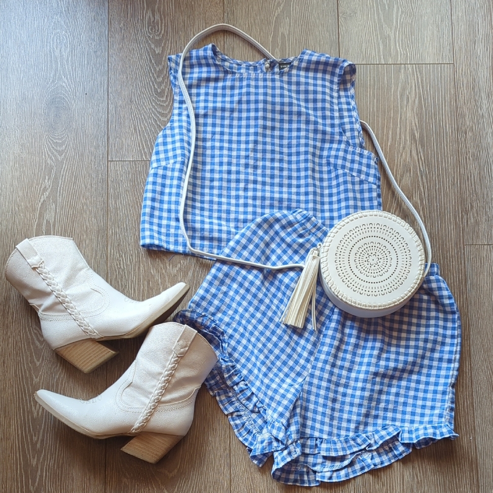 Blue White Gingham Top & Short Set Size XS Summer Boho Chic Ruffles